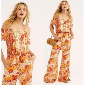 Free People Carmen Off-the-Shoulder Jumpsuit Size XS Orange Floral Print Boho